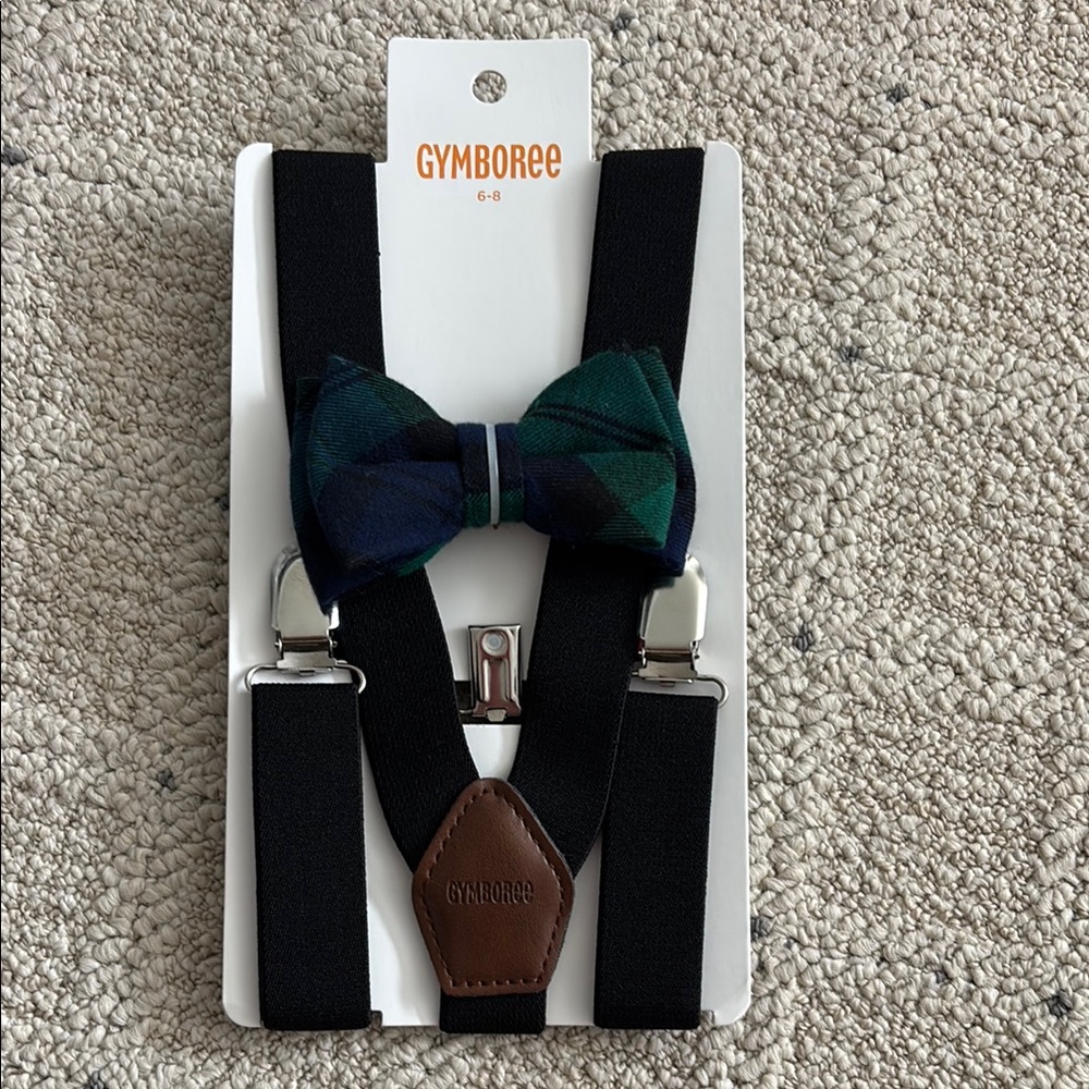 Gymboree Black Suspenders with Green and Blue Plaid Bow Tie